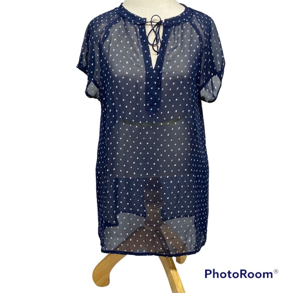 Liz Claiborne Blue White Polka Dot Sheer See Through Top Size L Tassel Tie Front